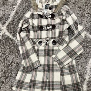 Plaid Coat with Faux Fur Hood
